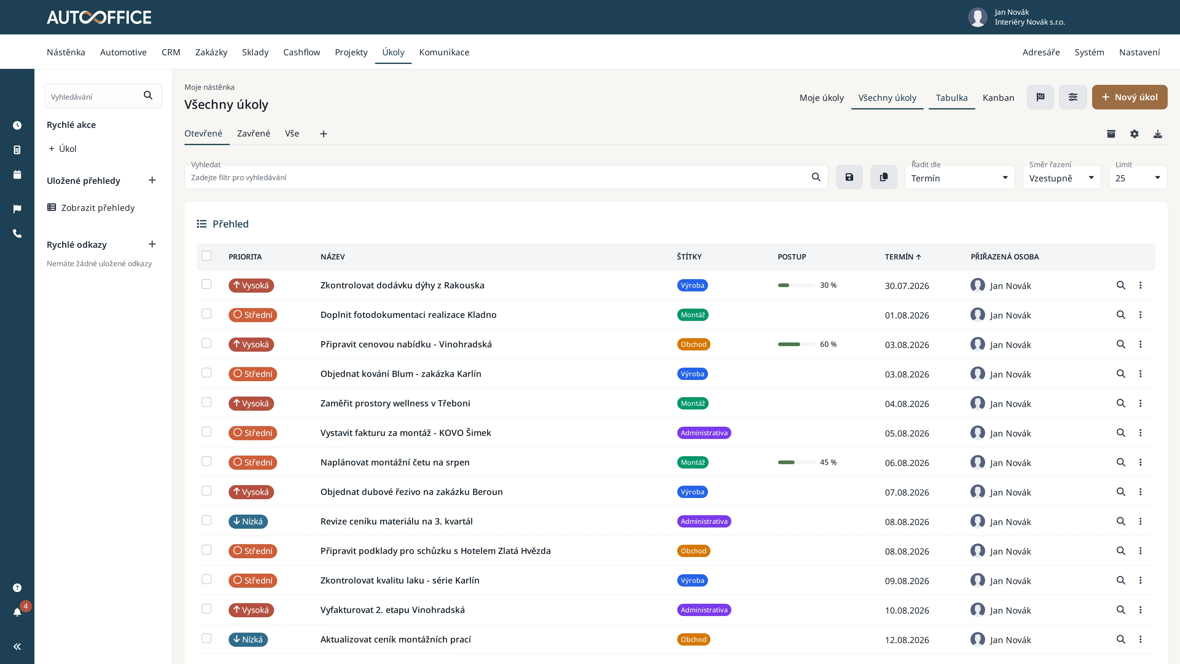 Úkoly v AutoOffice - týmové úkoly s termíny, štítky a workflow stavy